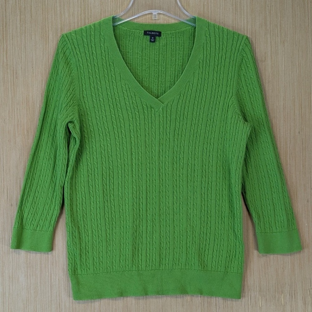 Talbots Preppy Green Cable Knit V-Neck Cotton Sweater Womens Medium 3/4 Sleeve